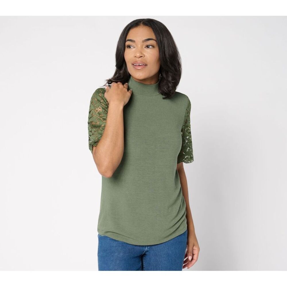 SUNNYLiFE Women's Top Sz L Lace Sleeve Turtleneck Green A677490